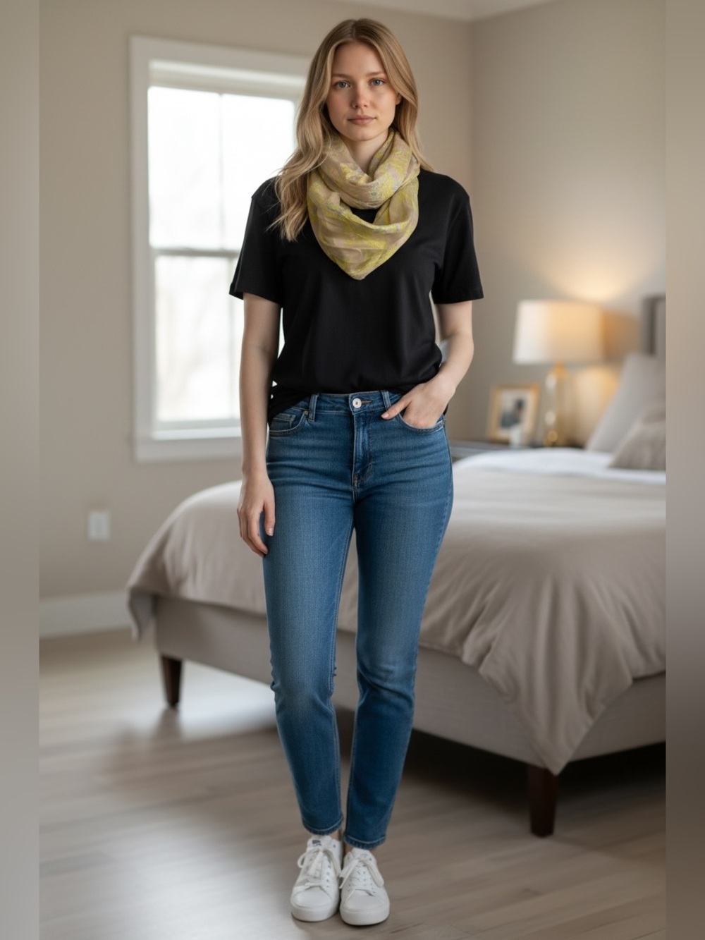 100% Silk Elegant Floral Scarf in Yellow and Blue